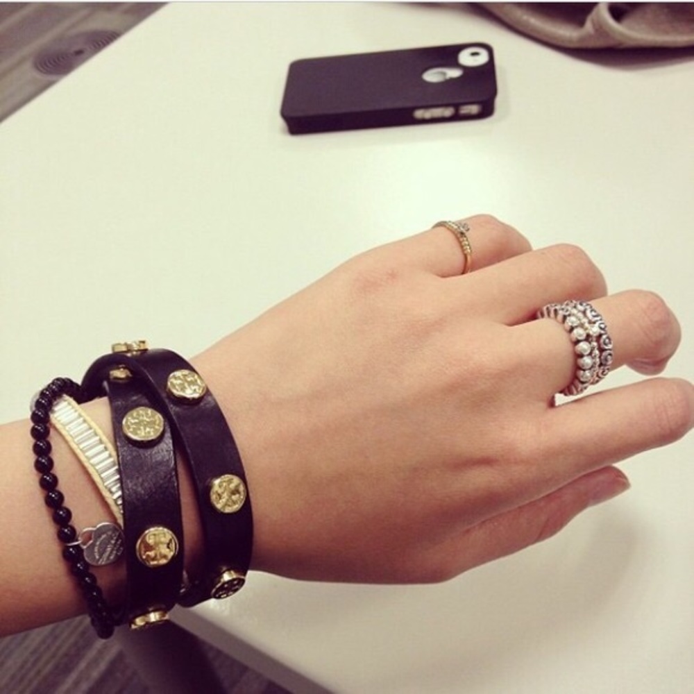 Tory Burch Logo Stud Leather Double Wrap Bracelet